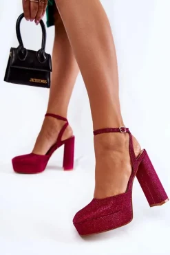 Damskie Sandały Brokatowe Na Słupku Ciemnoróżowe Rosel