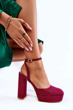 Damskie Sandały Brokatowe Na Słupku Ciemnoróżowe Rosel
