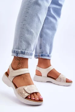 Damskie Sandały Comfort Shoe Na Rzep Beżowo-Złote Grace
