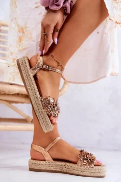 Damskie Sandały Espadryle Z Kwiatami Różowe Złoto Marlon