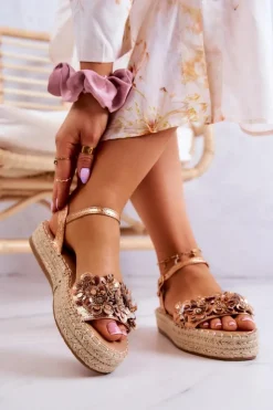 Damskie Sandały Espadryle Z Kwiatami Różowe Złoto Marlon