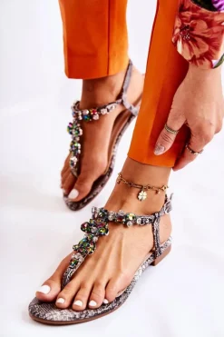 Damskie Sandały Japonki Z Cyrkoniami Szare Ivanne