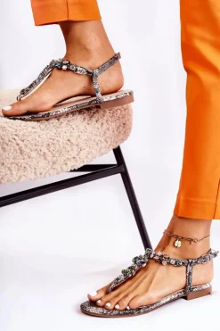 Damskie Sandały Japonki Z Cyrkoniami Szare Ivanne