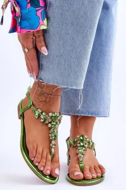 Damskie Sandały Japonki Z Kamieniami Zielone Lenisa