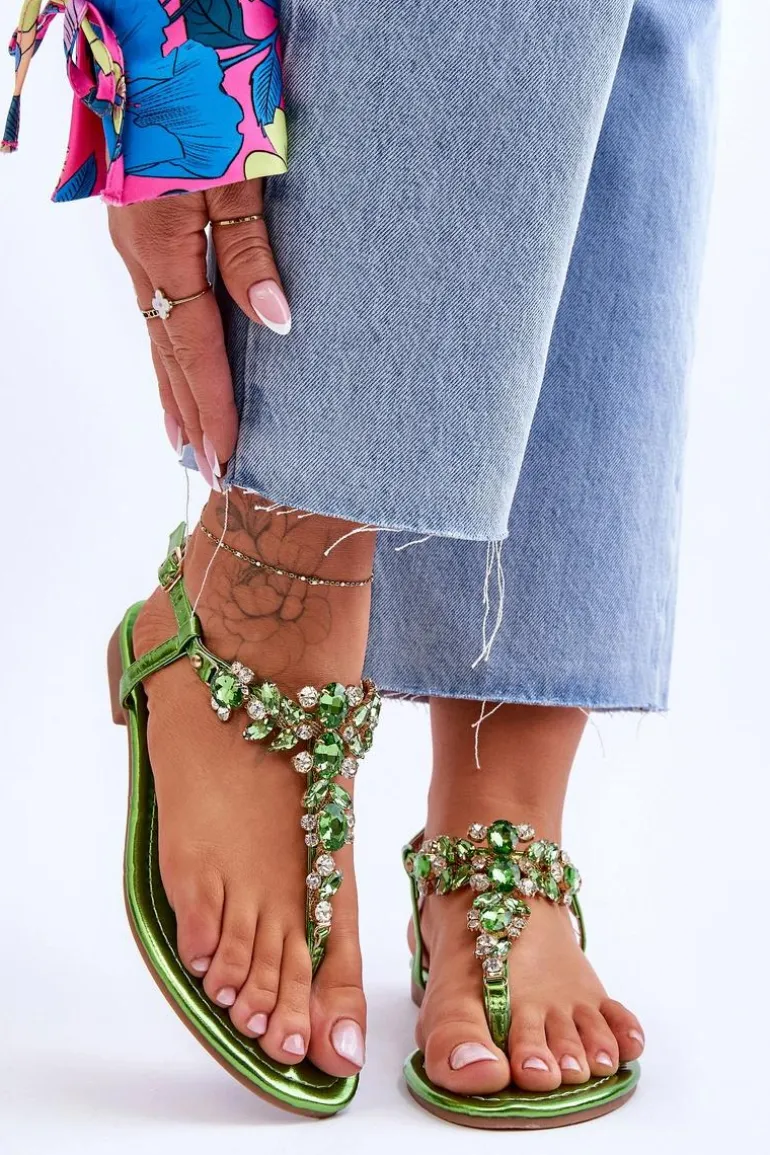 Damskie Sandały Japonki Z Kamieniami Zielone Lenisa