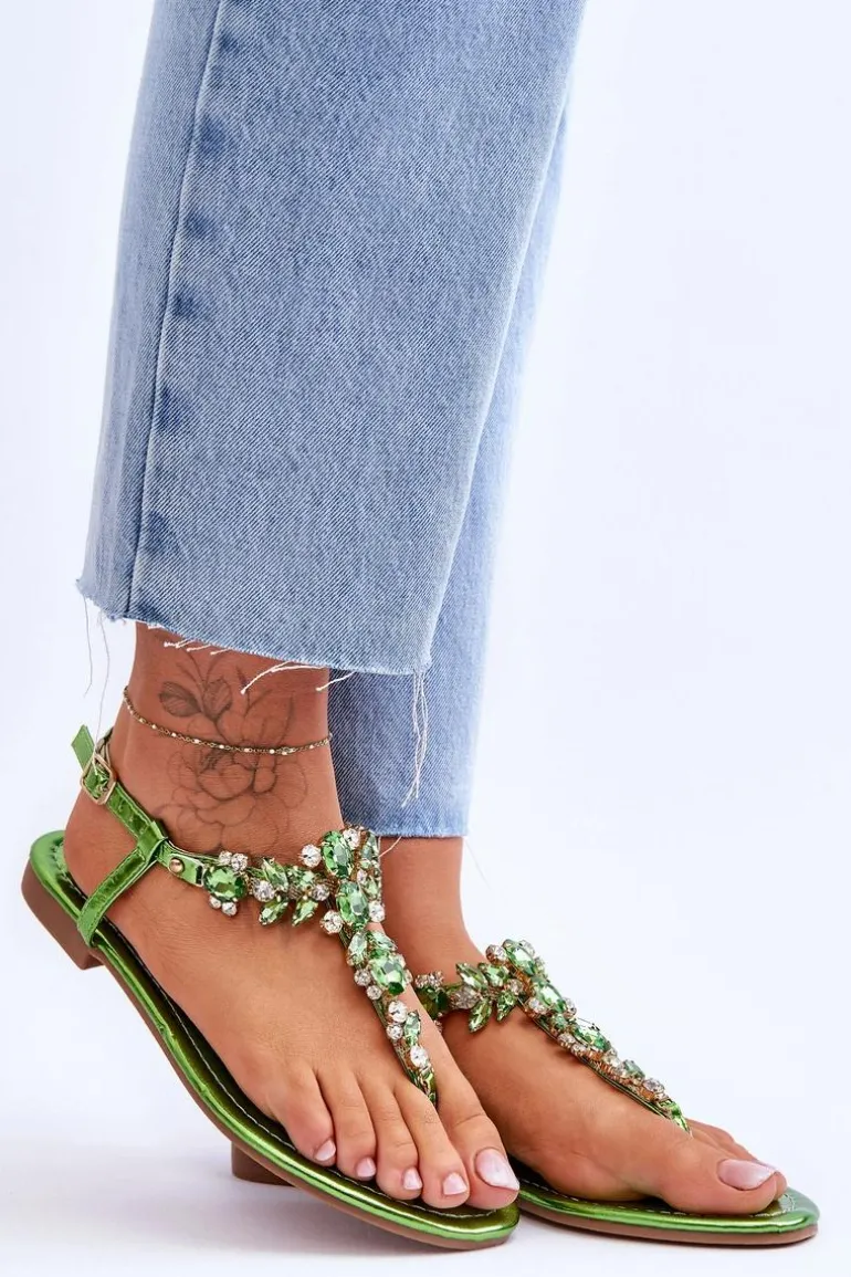 Damskie Sandały Japonki Z Kamieniami Zielone Lenisa