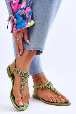 Damskie Sandały Japonki Z Kamieniami Zielone Lenisa