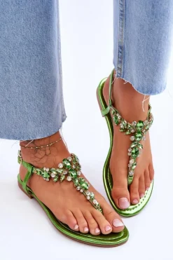 Damskie Sandały Japonki Z Kamieniami Zielone Lenisa
