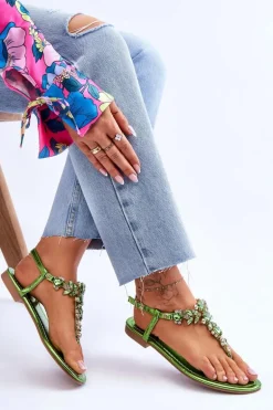 Damskie Sandały Japonki Z Kamieniami Zielone Lenisa