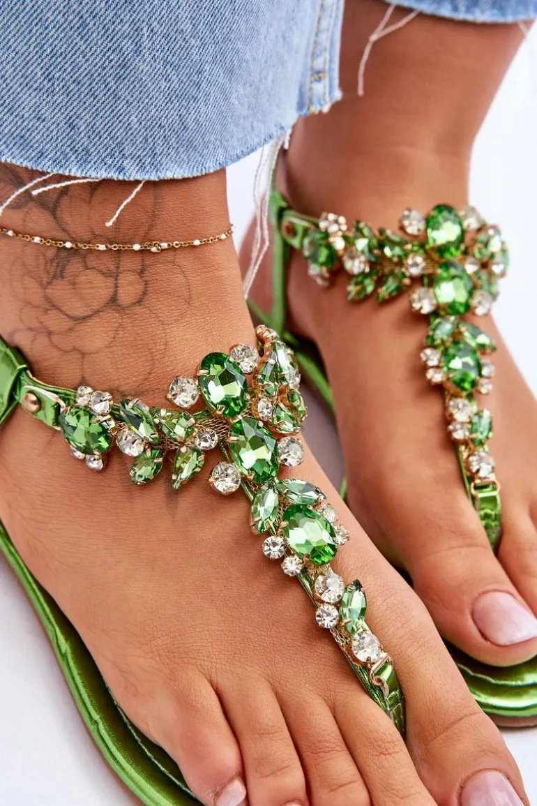 Damskie Sandały Japonki Z Kamieniami Zielone Lenisa