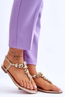 Damskie Sandały Japonki Z Kamieniami Złote Lenisa