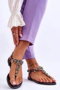 Damskie Sandały Japonki Z Kamieniami Czarne Lenisa