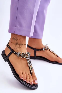 Damskie Sandały Japonki Z Kamieniami Czarne Lenisa
