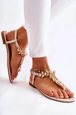 Damskie Sandały Japonki Z Ozdobnym Paskiem Beżowe Daylight