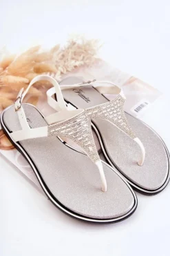 Damskie Sandały Japonki Z Ozdobami Białe Atlanta