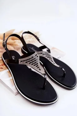 Damskie Sandały Japonki Z Ozdobami Czarne Atlanta