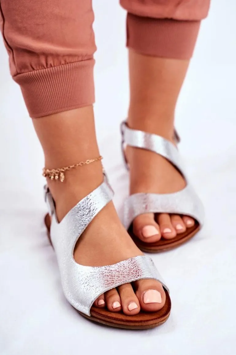 Damskie Sandały Laura Messi Skórzane 1116 Snake Srebrne Vollare