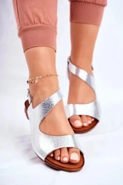 Damskie Sandały Laura Messi Skórzane 1116 Snake Srebrne Vollare