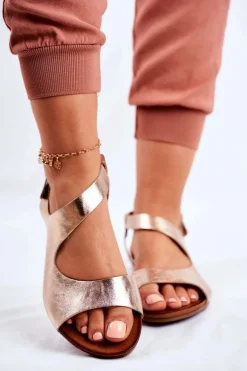 Damskie Sandały Laura Messi 1116 Skórzane Złote Vollare