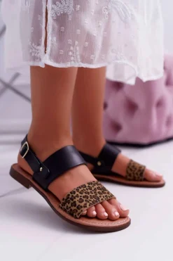 Damskie Sandały Maciejka Skórzane Panterka Czarne IT001-03