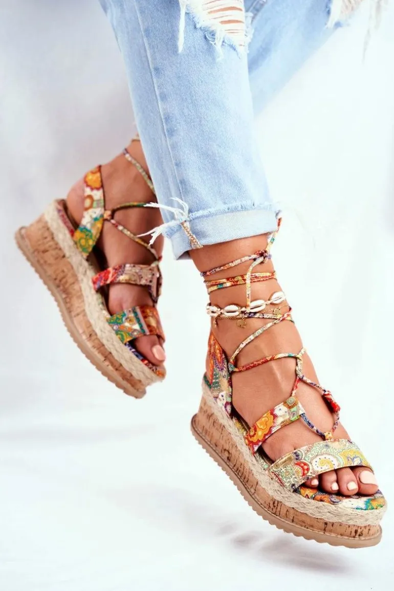 Damskie Sandały Na Korkowej Platformie Wiązane Pomarańczowe My Way