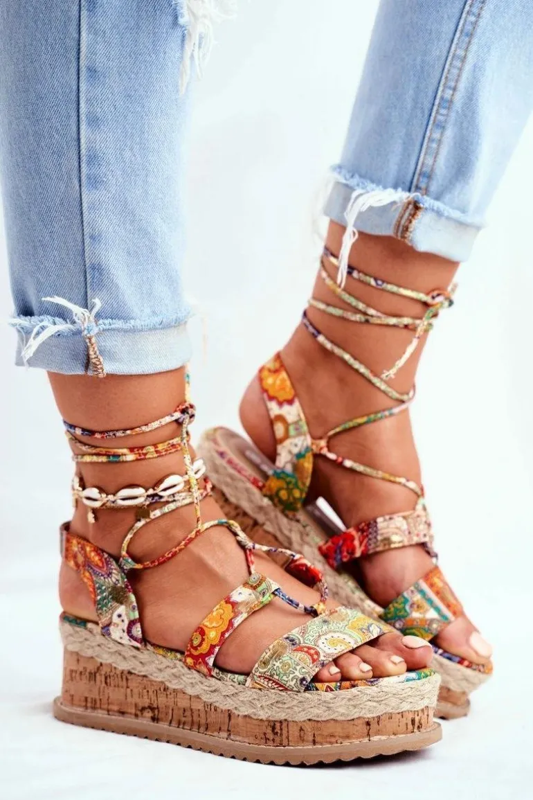 Damskie Sandały Na Korkowej Platformie Wiązane Pomarańczowe My Way