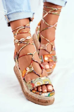 Damskie Sandały Na Korkowej Platformie Wiązane Pomarańczowe My Way