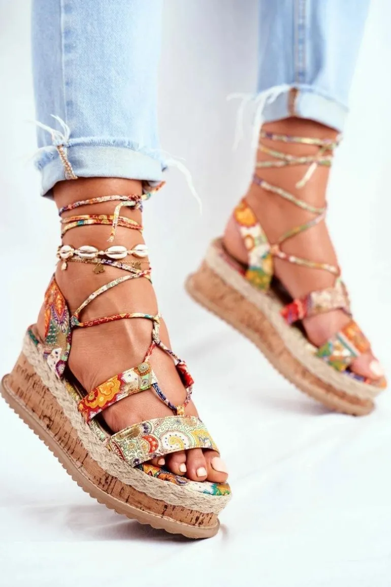 Damskie Sandały Na Korkowej Platformie Wiązane Pomarańczowe My Way