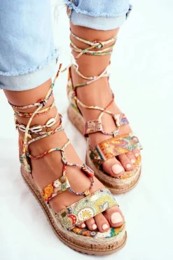 Damskie Sandały Na Korkowej Platformie Wiązane Pomarańczowe My Way