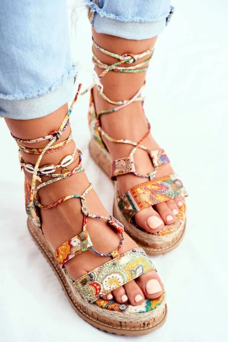 Damskie Sandały Na Korkowej Platformie Wiązane Pomarańczowe My Way