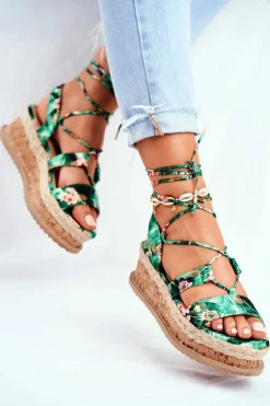 Damskie Sandały Na Korkowej Platformie Wiązane Zielone My Way