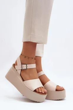 Damskie Sandały Na Koturnie Beżowe Geferia