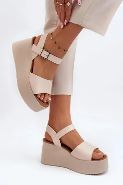 Damskie Sandały Na Koturnie Beżowe Geferia