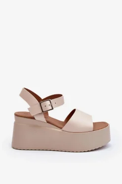 Damskie Sandały Na Koturnie Beżowe Geferia