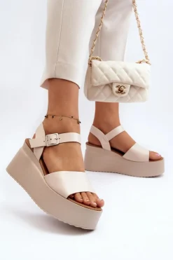 Damskie Sandały Na Koturnie Beżowe Geferia