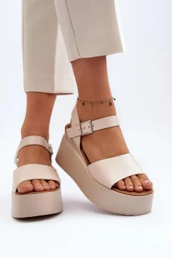 Damskie Sandały Na Koturnie Beżowe Geferia