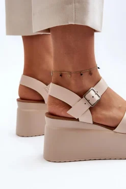 Damskie Sandały Na Koturnie Beżowe Geferia