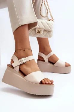 Damskie Sandały Na Koturnie Beżowe Geferia