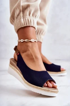 Damskie Sandały Na Koturnie Big Star JJ276046 Granatowe