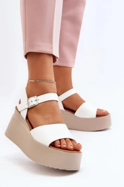 Damskie Sandały Na Koturnie Białe Geferia