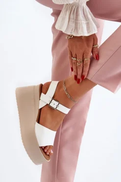 Damskie Sandały Na Koturnie Białe Geferia