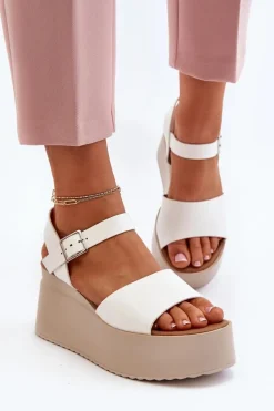 Damskie Sandały Na Koturnie Białe Geferia