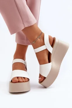 Damskie Sandały Na Koturnie Białe Geferia