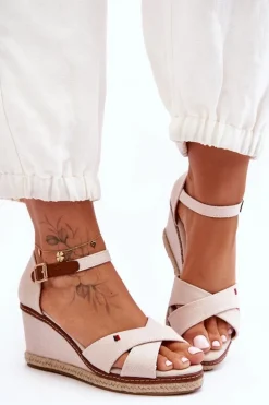 Damskie Sandały Na Koturnie Jasnobeżowe Janet