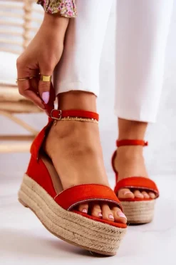 Damskie Sandały Na Koturnie Z Cyrkoniami Pomarańczowe Linette