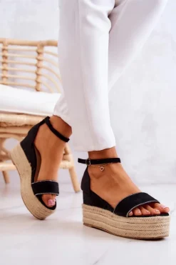 Damskie Sandały Na Koturnie Z Cyrkoniami Czarne Linette