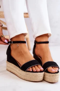 Damskie Sandały Na Koturnie Z Cyrkoniami Czarne Linette