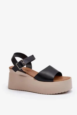 Damskie Sandały Na Koturnie Czarne Geferia