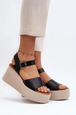 Damskie Sandały Na Koturnie Czarne Geferia