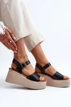 Damskie Sandały Na Koturnie Czarne Geferia